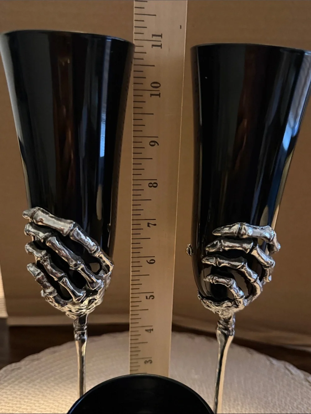 Black Wine Glassware Silver Metal Skeleton Hands Halloween Gothic HTF